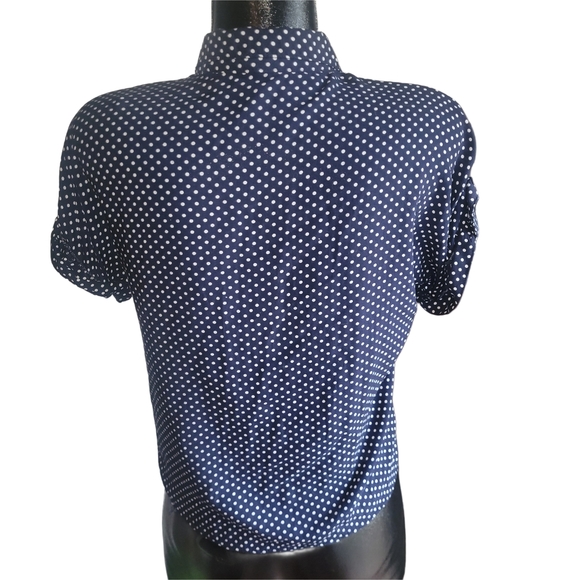 Love Notes Navy Blue Polka Dot Short Sleeve Button Up Top S - Picture 5 of 6
